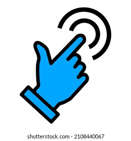 Vector, picture of hand shape cursor icon. Blue. Touch models. Computer cursor. Websites. Computer cursor logo