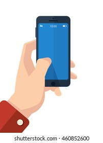 vector picture of hand with smartphone. finger on the clean screen with place for your personal design. Isolate on white background.