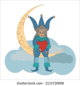 Vector picture of harlequin. Moon, clouds, heart.