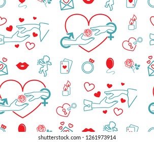 Vector picture heart, hands, rose, game cards, ring, balloon, candles, angel, lips. Set of vector symbols. Subject of love, wedding, engagement. Flat design