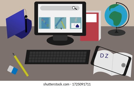 vector picture home study homework online computer globe hat telephone background