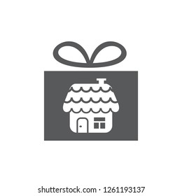 Vector picture house and boxes gift. Set of vector symbols. House as a gift. Flat design Monohrome