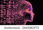 A vector picture of a human face in profile emerging out of a glitched noise.