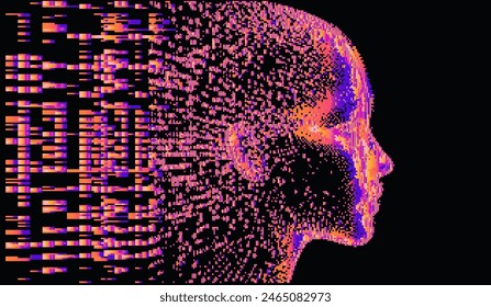 A vector picture of a human face in profile emerging out of a glitched noise.