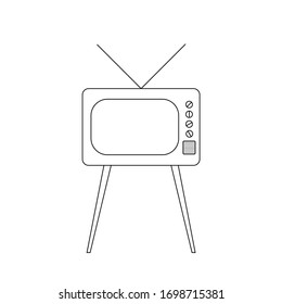 The vector picture or icon of old TV set or television with antenna made by means of black lines on the white background