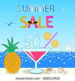 Vector picture inscription summer sale, a glass of cocktail with a percent sign in the form of a straw for drinks, zeros in the form of orange circles, number 50 from ice, summer beach sea attributes