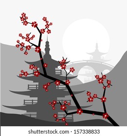 Vector picture of japanese landscape theme, sakura flowers, pagoda silhouettes