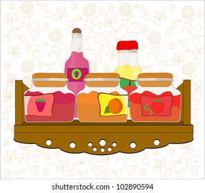 Vector picture of kitchen shelf with bottles and jam jars