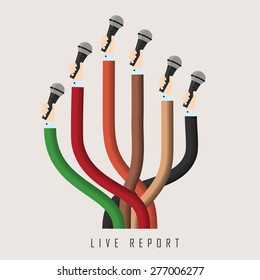 vector picture,  live stream report,  curved arms with microphone.  eps 10
 