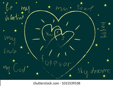 Vector picture of a loving heart on a background of a dark starry sky with inscriptions recognizing love