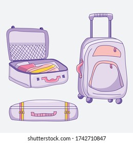 Vector picture of luggage. Different suitcases - open, closed, with things, standing, on wheels of purple-pink color