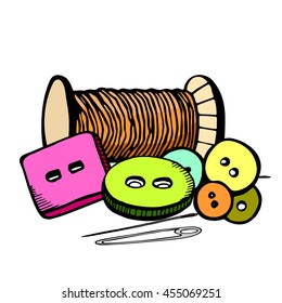 Vector picture made from buttons, with threads and needles. Linear hand-drawing. Decorative background for crafters, sewers and ateliers. Colorful.