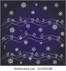 Vector picture of a magical dark new year's night, where only snowflakes glow, which slowly fall on lonely houses and trees and everything froze in anticipation of a miracle and the morning of the new