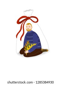 
vector picture of a man with a beard in a sweater with flowers sitting in the package for the holiday