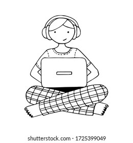 Vector picture of a man with a computer in trendy doodle style. Hand drawn illustration for poster, banner, print, decoration children’s playroom or greeting card. Eps 8.