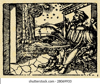 vector picture with the man of science, ancient ink drawing picture