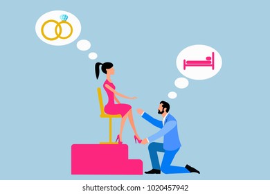 Vector picture of man taking care of woman having bed in mind instead of marriage. Men and woman different expectations from a relationship concept. Eps vector illustration