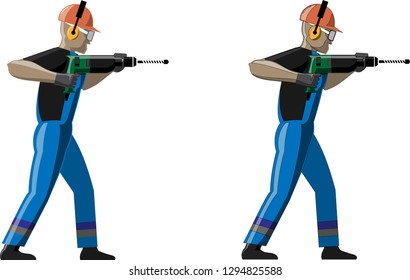 vector picture of a man working with rotary hammer in 2 options- with outlines and without outline