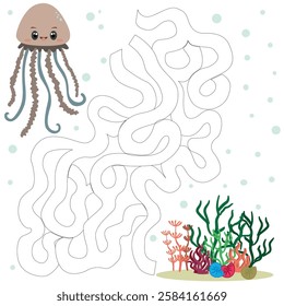 A vector picture with a maze. A children's puzzle game with sea creatures. Shells and algae to which you need to find a way.