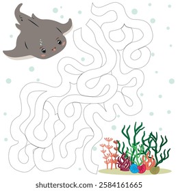 A vector picture with a maze.  Shells and algae to which you need to find a way. A children's puzzle game with sea creatures.