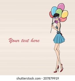 Vector picture of modern,elegant, attractive, cute, beautiful, feminine girl. Woman dressed in short blue skirt,red high heels, blue glasses with short hair and long legs holding balloons in her hands