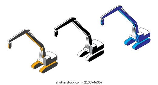 Vector picture of Mounted Larssen Pile Driver on a track-platform. Icons in three colours variant: black and white, yellow and gray, blue shades.