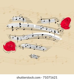 Vector picture with music heart and roses