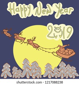 Vector picture New Year piglets having fun, Santa Claus in sleigh flies over Christmas trees.  Cheerful and fashionable decor for an exclusive design in the best traditions of 2019 according to the Ch