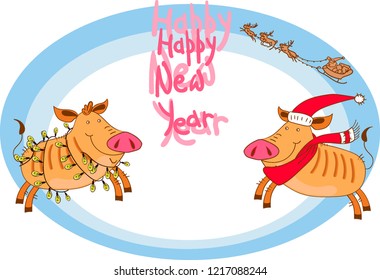 Vector picture New Year piglets having fun, Santa Claus in sleigh flies over Christmas trees.  Cheerful and fashionable decor for an exclusive design in the best traditions of 2019 according to the Ch