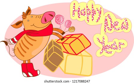 Vector picture New Year piglets having fun, Santa Claus in sleigh flies over Christmas trees.  Cheerful and fashionable decor for an exclusive design in the best traditions of 2019 according to the Ch