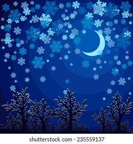 vector picture - night winter landscape with trees and moon