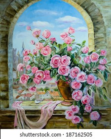 Vector picture oil paints on a canvas: a bouquet of roses at the window