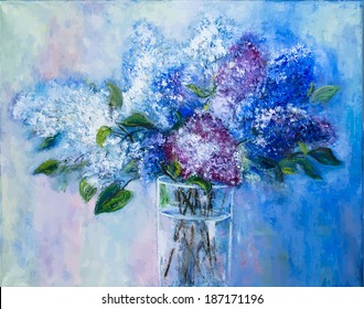 Vector picture oil paints on a canvas: a bouquet of lilac in a glass vase