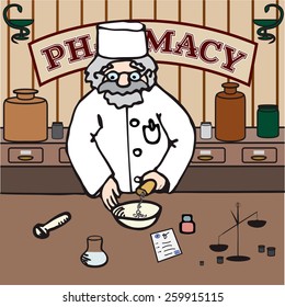 Vector picture of Old Pharmacist doing medicine. Pharmacy interior. 