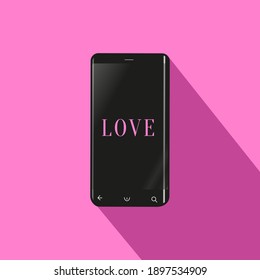 Vector picture on a pink background the image of a black smartphone with the words "LOVE". Can be used as a card for Valentine's Day.