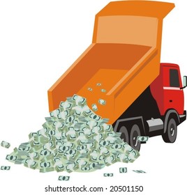 Vector Picture On Which Is Expressed Dump Truck Unloading Heap Of The Money