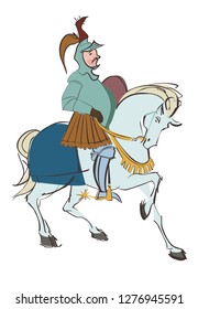 A vector picture on which a fat knight is drawn on a white horse.