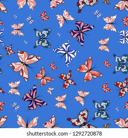 Vector. Picture on white, pink and blue colors. Scribble, sketch, doodle. Seamless pattern of colorful butterfly on a white, pink and blue background.