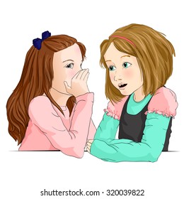 vector picture in pastel colors, representing two little girls having a private conversation