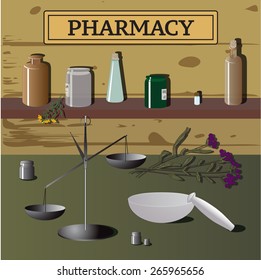 Vector picture of pharmaceutical equipment, old pharmacy