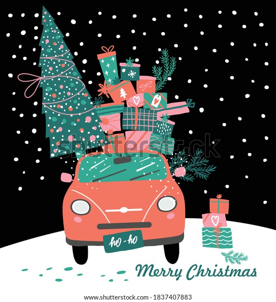 Vector picture with pink car and Christmas gifts\
in night. Christmas picture. Red pickup. New year illustration\
delivery service.