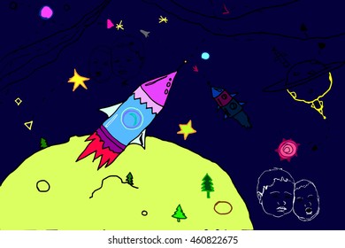 Vector picture with planets and rockets with dotted lines in the areas of space and children's leaves on a dark blue background.