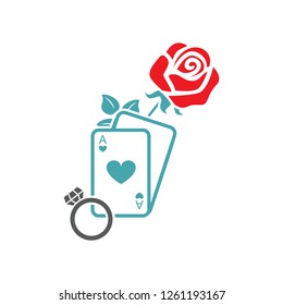Vector picture playing cards, rose and ring. Set of vector symbols. Declaration of love. Flat design