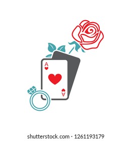 Vector picture playing cards, rose and ring. Set of vector symbols. Declaration of love. Flat design Monohrome