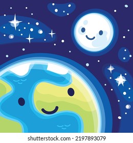 Vector picture, portrait of cute earth and moon from outer space, smiling and looking, staring at each other, with sympathy, stars in the background. Earth next to the moon Love between earth and moon