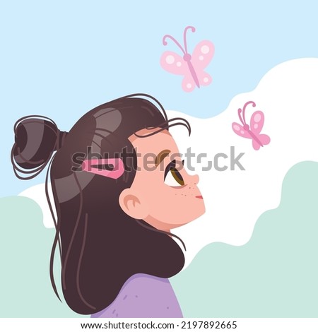 A vector picture, portrait of a cute young, pretty little girl in profile looking up at the sky, staring at flying and flitting butterflies.