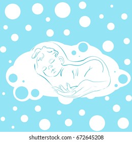 Vector picture, postcard of a sleeping baby, child and maternal love and care, very delicate drawing