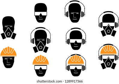 Vector picture protective helmet, glasses, earphones and respirator on a head