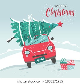 Vector picture with red car and Christmas tree. Christmas picture. Red pickup. New year illustration delivery service.