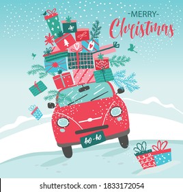 Vector picture with red car and Christmas gifts. Christmas picture. Red pickup. New year illustration delivery service.